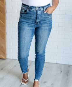 Alba High Rise Control Top Distressed Hem Skinny Jeans - Fashion Are Us, LLC