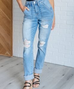 Aiden High Rise Patch Pocket Distressed Boyfriend Jeans - Fashion Are Us