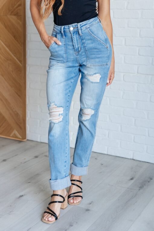Aiden High Rise Patch Pocket Distressed Boyfriend Jeans - Fashion Are Us