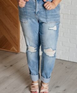 Aiden High Rise Patch Pocket Distressed Boyfriend Jeans - Fashion Are Us