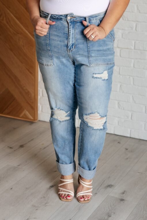 Aiden High Rise Patch Pocket Distressed Boyfriend Jeans - Fashion Are Us