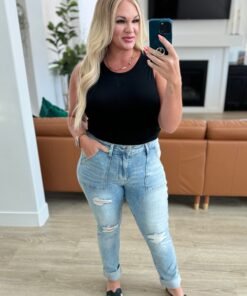 Aiden High Rise Patch Pocket Distressed Boyfriend Jeans - Fashion Are Us 
