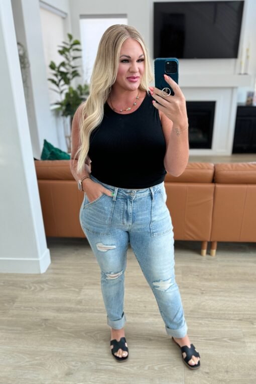 Aiden High Rise Patch Pocket Distressed Boyfriend Jeans - Fashion Are Us