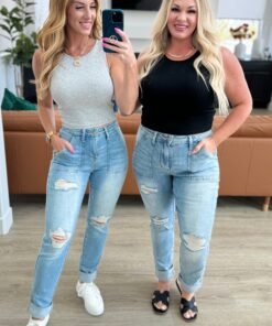 Aiden High Rise Patch Pocket Distressed Boyfriend Jeans - Fashion Are Us 