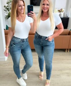 Alba High Rise Control Top Distressed Hem Skinny Jeans - Fashion Are Us