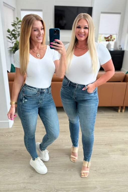 Alba High Rise Control Top Distressed Hem Skinny Jeans - Fashion Are Us