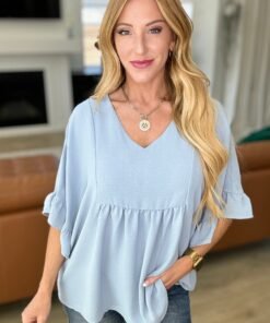 Airflow Peplum Ruffle Sleeve Top in Chambray - Fashion Are Us 