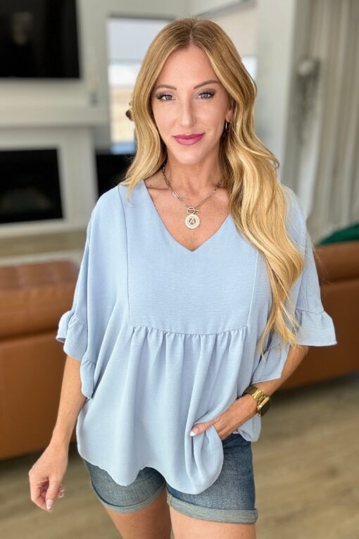 Airflow Peplum Ruffle Sleeve Top in Chambray - Fashion Are Us