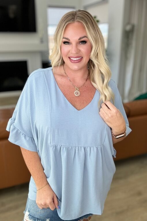 Airflow Peplum Ruffle Sleeve Top in Chambray - Fashion Are Us