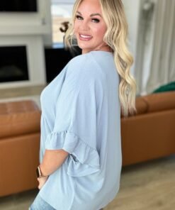 Airflow Peplum Ruffle Sleeve Top in Chambray - Fashion Are Us 