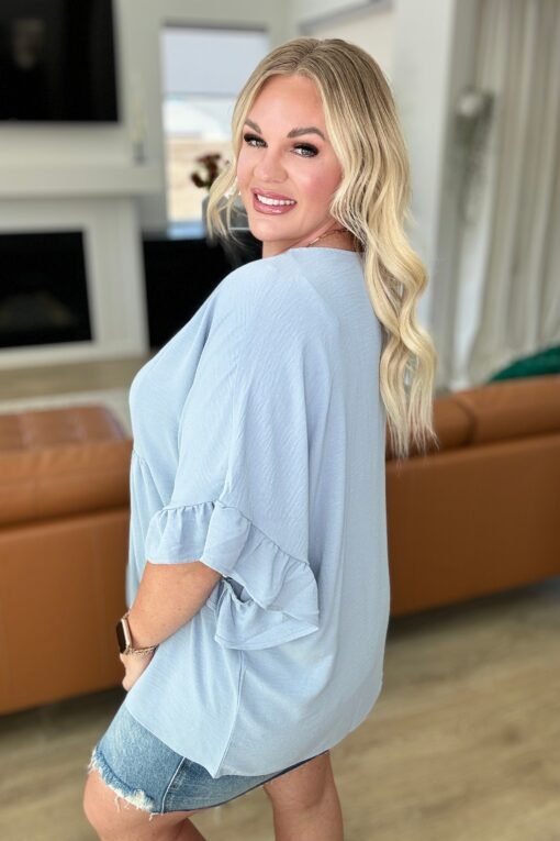 Airflow Peplum Ruffle Sleeve Top in Chambray - Fashion Are Us