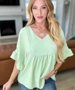 Airflow Peplum Ruffle Sleeve Top in Sage - Fashion Are Us