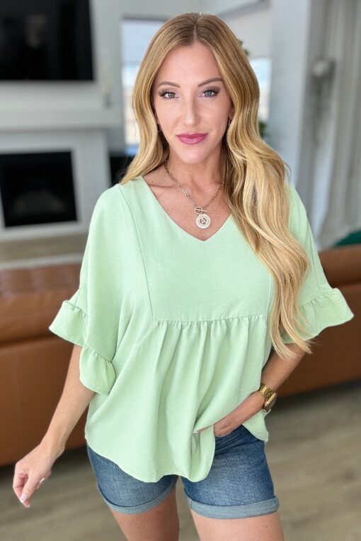 Airflow Peplum Ruffle Sleeve Top in Sage - Fashion Are Us