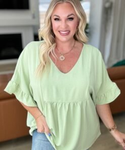 Airflow Peplum Ruffle Sleeve Top in Sage - Fashion Are Us 
