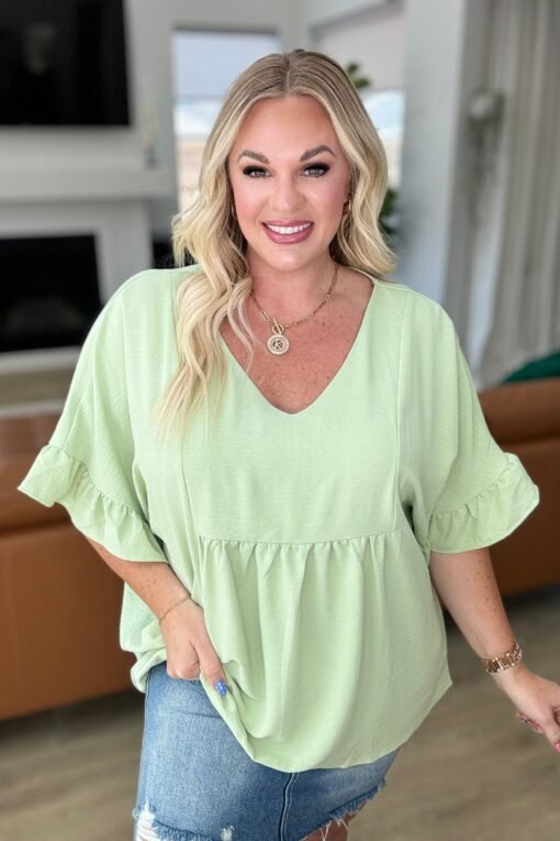 Airflow Peplum Ruffle Sleeve Top in Sage - Fashion Are Us