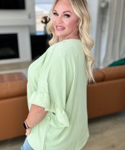 Airflow Peplum Ruffle Sleeve Top in Sage - Fashion Are Us 