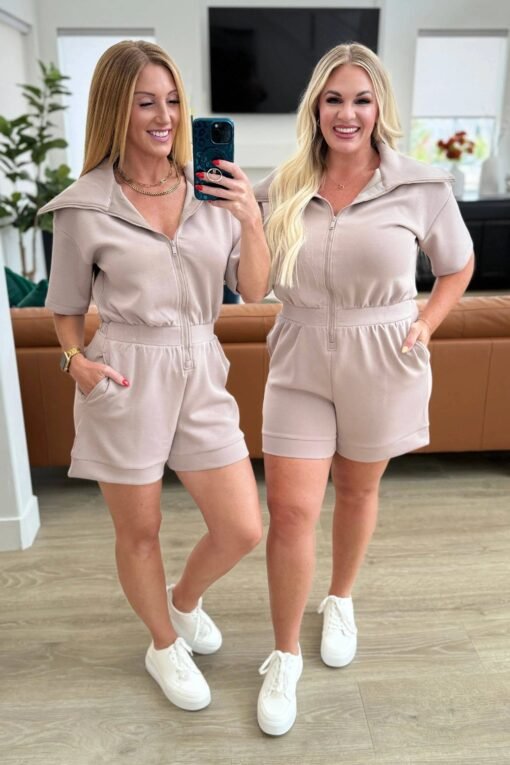 Active Aura Collared Romper in Mocha - Fashion Are Us, LLC