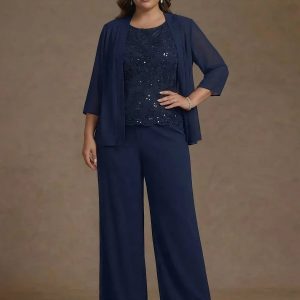 3 Pieces Suit Chiffon Plus Size Mother of the Bride Pantsuits with Jacket Scoop 3/4 Sleeves Ankle Length Lace Sequins