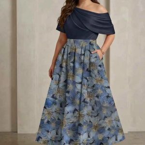 A-Line/Princess One-Shoulder Satin Plus Size Mother of the Bride Dresses Floral Short Sleeves Ankle Length